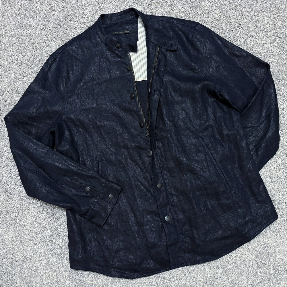 John Varvatos Jacket 100% Linen Chin Strap Lightweight Shiny Navy Blue Mens XL